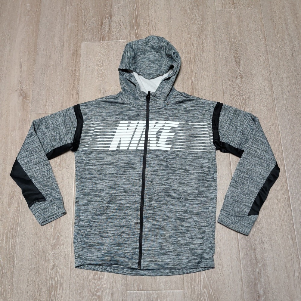 Nike‎ Dri-FIT Youth XL Full Zip Hoodie Gray Heathered Space Dye Logo Jacket Kids
